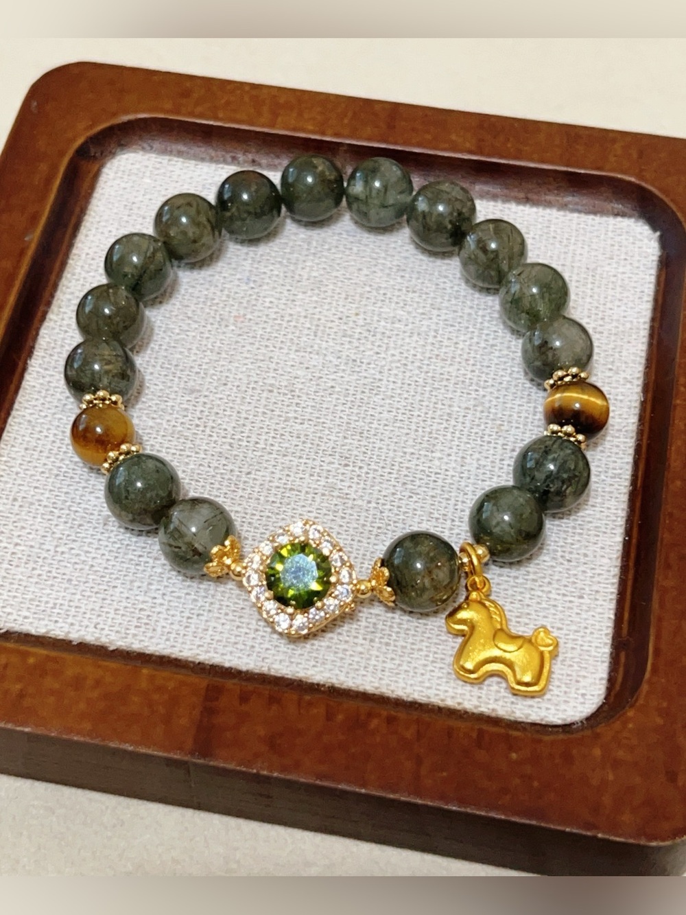 Handmade Dark Green Rutilated Quartz Tiger Eye 24GP Horse Charm Bracelet 9.5mm